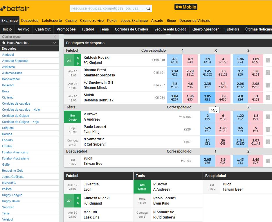 Vista geral da interface da Betfair antes de escolher um encontro desportivo